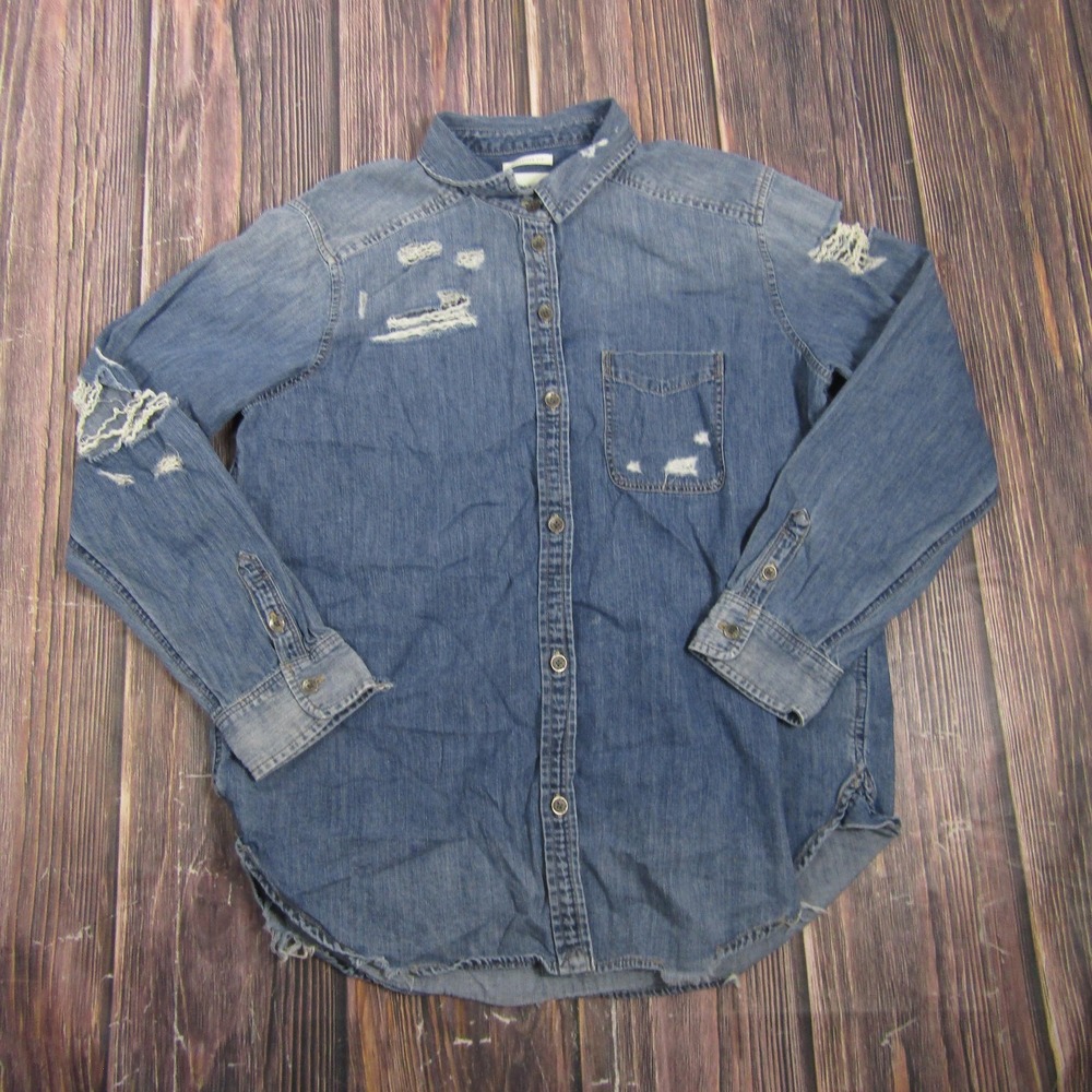 American Eagle Womens Medium Blue Denim Button Up Distressed Long Sleeve
